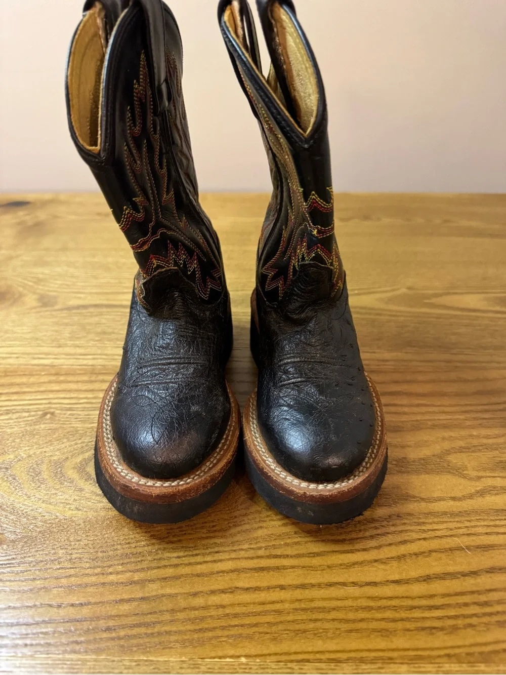 Old West Black Kids Cowboy Boots with Multicolor Flame Stitching 9.5C